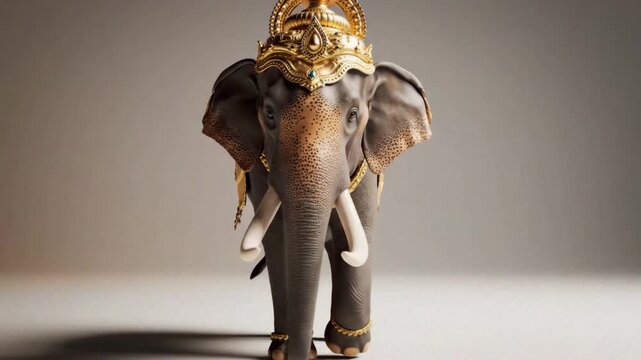 Golden decorated elephant walking forward in a studio, celebrating kerala's thrissur pooram festival.