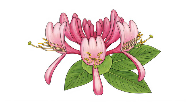 Pink flowering honeysuckle vine with green leaves isolated on transparent background