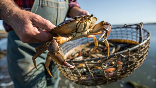 Fisherman holding a live crab above a basket filled with other crabs near a body of water under clear skies.