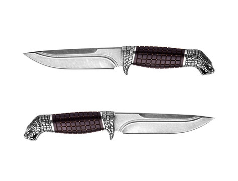 Custom hunting knife with Damascus steel blade and snake head pommel on white back