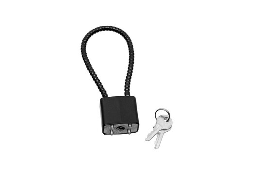 Black firearm cable lock with two metal keys isolated on a white back