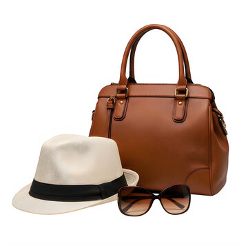 Brown leather handbag with straw hat on white surface isolated on transparent background