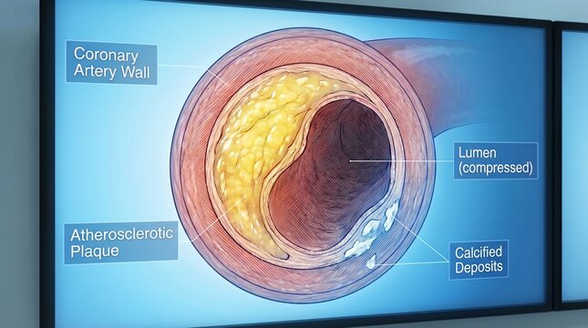 Cross section of a coronary artery showing atherosclerotic plaque and calcified deposits compressing the lumen