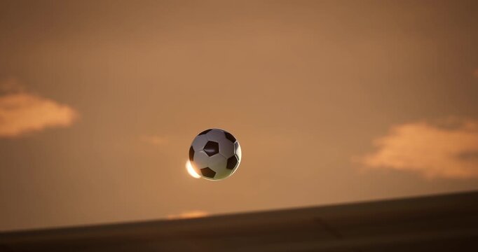 Soccer Ball in Flight Above a Grand Stadium at Sunset, a Dramatic Fly by Shot for a Championship Match Game. League Cup World Event Goal Scored at International Arena.