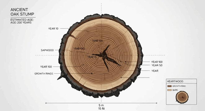 Ancient oak stump cross-section showing tree rings and age estimation in a detailed diagrammatic illustration displaying growth rings and sapwood layers