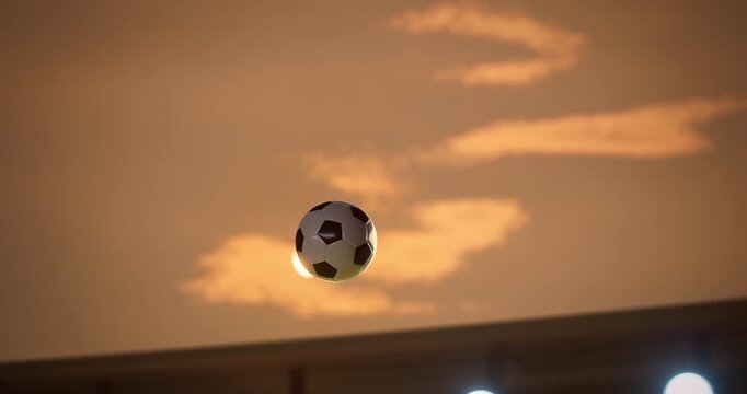 Soccer Ball in Smooth Flight Across Sunset Lit Stadium, Cinematic Fly by Over a Championship Match Game in Arena. Capturing Goal Score at International Cup World Event professional Football.