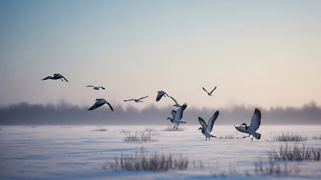 Flock of Birds Flying Over Water.