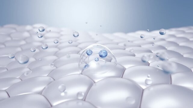 cosmetic serum droplet with a molecule inside falling onto a hexagonal skin cell structure.
