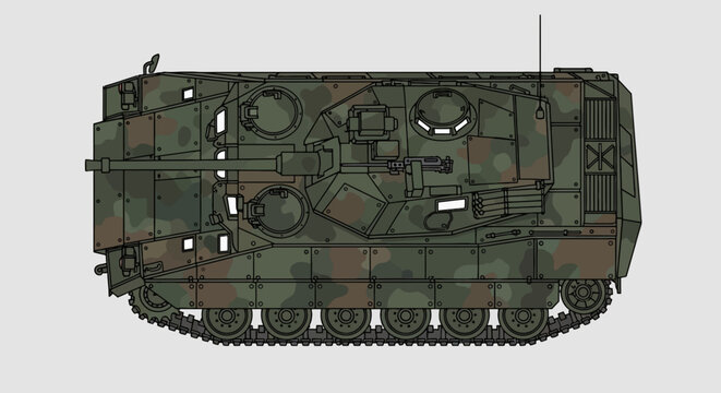 Camouflaged armored howitzer artillery vehicle illustration; side view of military self-propelled gun in green brown and black camouflage pattern