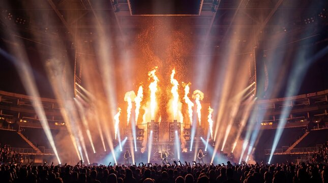 Stage pyrotechnic show with orange flames concept. A vibrant concert scene with flames and dazzling lights.