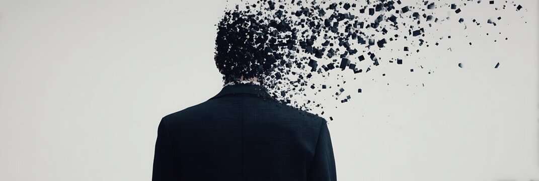 A person in a suit is shown from behind, with their head disintegrating into scattered particles against a plain background.
