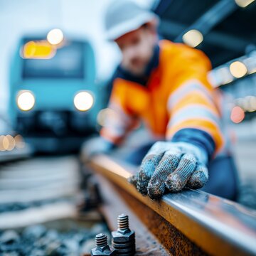 Railway maintenance worker inspecting rail fasteners and sleepers