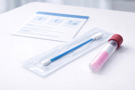 Photorealistic clinical comparison, modest gynecology exam setup for Pap smear, clinician gloved hands holding speculum/brush,  hands holding an HPV swab and specimen tube
