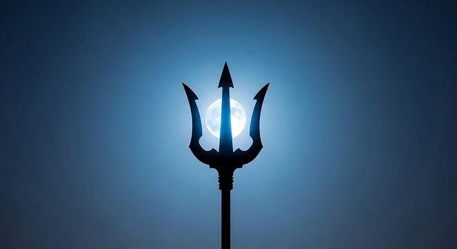 Glowing trident silhouette against blue background.