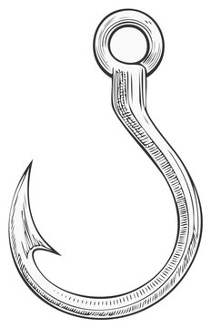 Hand Drawn Illustration of a Fishing Hook: Angling Equipment with Sharp Barbed Point