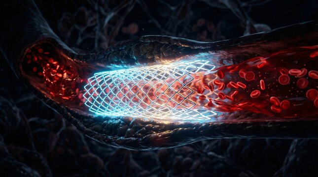 Medical illustration of a coronary stent implanted within a blood vessel allowing blood flow