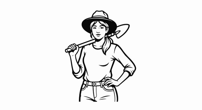 Woman in hat and jeans, holding shovel over shoulder