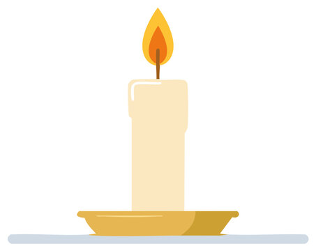 Simple flat design vector illustration of a single lit candle with a burning flame and melting wax