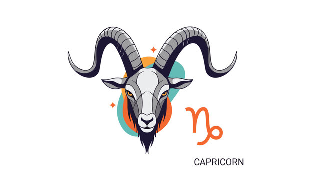 Capricorn zodiac sign illustration featuring a grey goat head with long horns and the astrological symbol on the side.