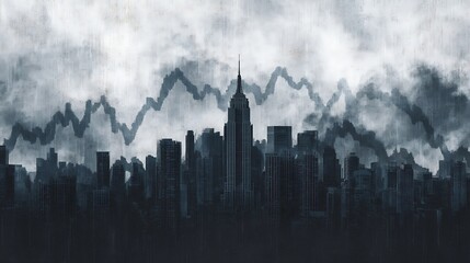 Obraz premium Dark city skyline with a prominent central skyscraper, overlaid by jagged financial stock market graphs in grayscale tones.