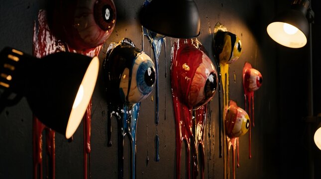 Abstract trippy background with melting eyes concept. Artistic installation with vibrant eyes and colorful paint drips.