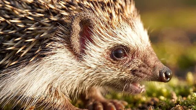 Close-up of a cute hedgehog exploring mossy ground in natural light.