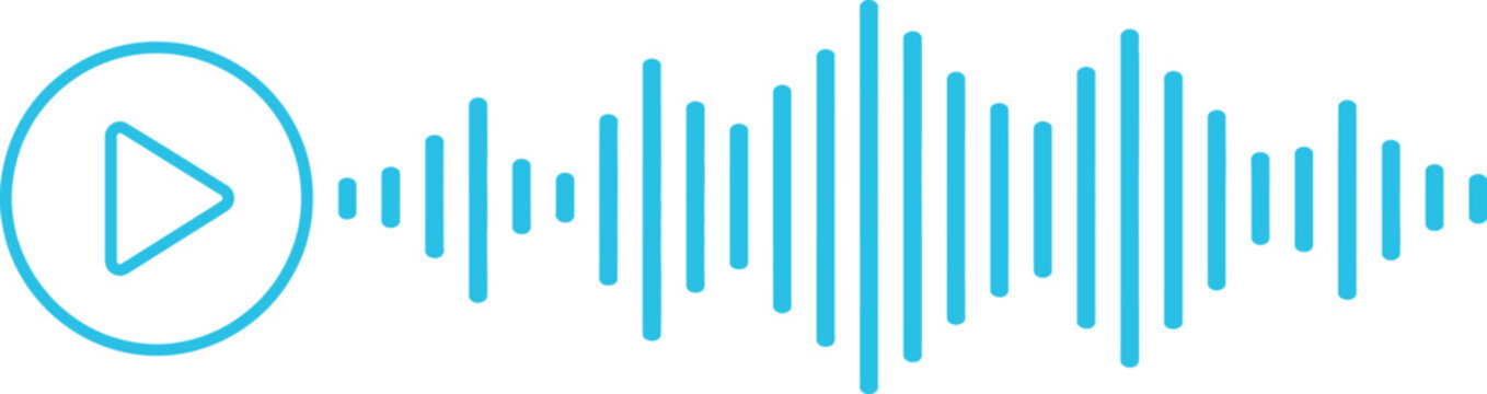 Blue play button icon and sound wave equalizer graphic, representing music player or audio visualization.