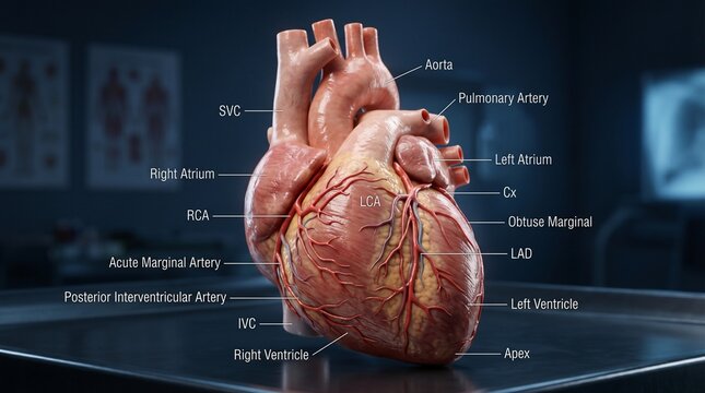 Detailed 3D illustration of the human heart with anatomical labels showcasing arteries and chambers