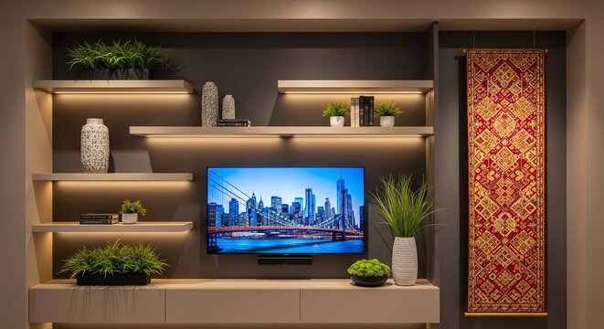 Modern TV Wall Unit with LED Shelves and Decorative Panel