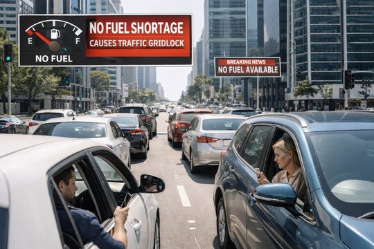 Fuel shortage concept, urban traffic jam with European type adult drivers in cars using phones, frustrated mood, city street, photo, copy space, transport crisis economy disruption