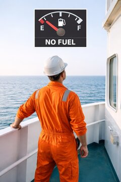 Energy shortage concept, one European type adult man worker in orange uniform and helmet standing on ship deck looking at sea, serious mood, vertical photo, copy space, maritime logistics crisis