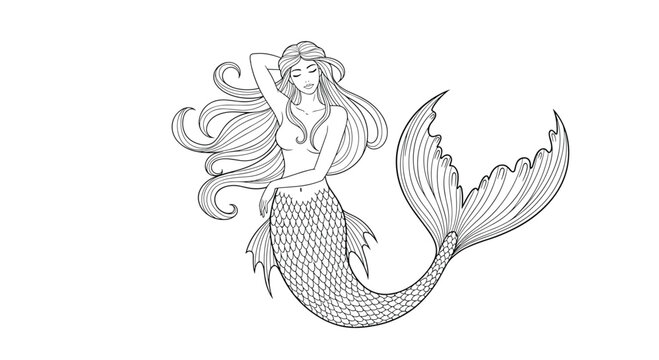 Detailed line art drawing of a beautiful mermaid with long wavy hair and a scales tail on a plain white background.