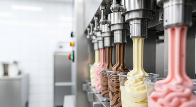 Soft serve ice cream being dispensed from machines into clear cups in multiple flavors