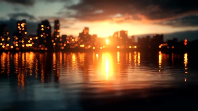 Vibrant sunset reflecting on water with city skyline in background, creating a serene atmosphere