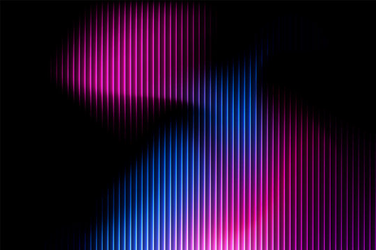 Abstract pink and blue neon gradient light with vertical lines texture, glowing futuristic wave pattern on dark background, vibrant digital technology design