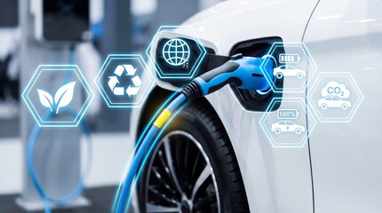 Naklejka premium Electric car charging with eco-friendly technology icons displayed