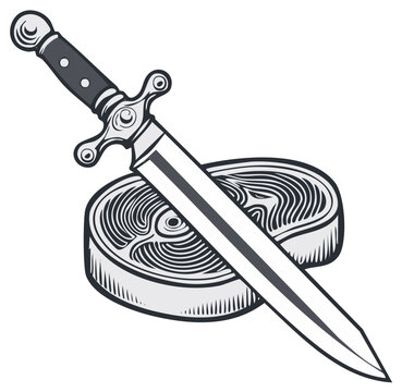 Stylized dagger piercing a round slice of meat