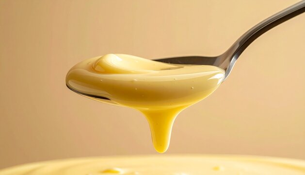Close-up of thick, creamy yellow custard dripping from a silver spoon against a neutral background