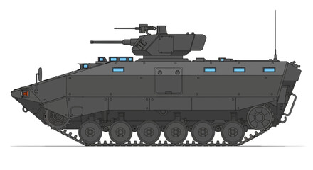 Dark gray armored personnel carrier illustration with detailed tracks and turret weaponry on a white background military vehicle design © Undangan