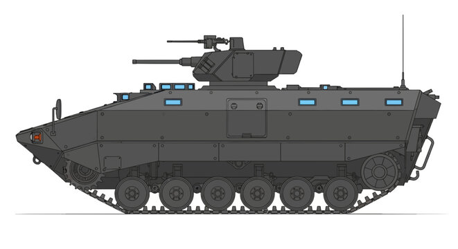 Dark gray armored personnel carrier illustration with detailed tracks and turret weaponry on a white background military vehicle design
