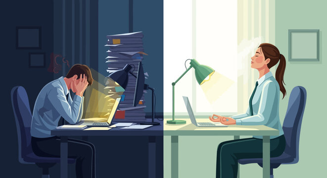 Illustration contrasting a stressed man working at night with piles of paperwork against a relaxed woman meditating in daylight, both at desks with laptops in a split-screen composition
