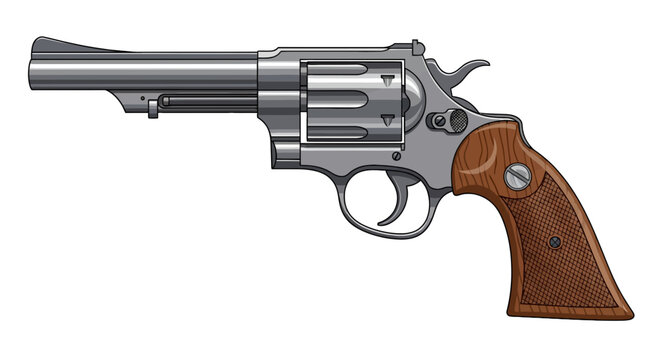 Detailed illustration of a gray revolver with a wooden grip featuring a long barrel and realistic metallic texture for design elements