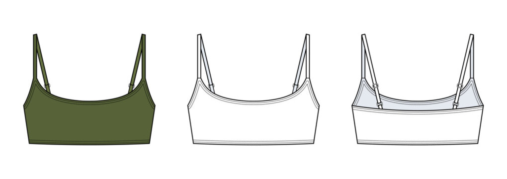 Bralette Bikini Top technical fashion illustration. bikini top vector template illustration. front and back view. scoop neck. adjustable strap. women swimwear. CAD mockup.