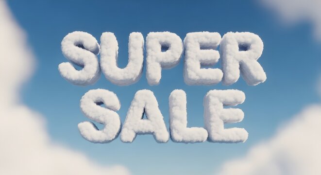 White fluffy cloud text Super Sale floating in a sunny blue sky