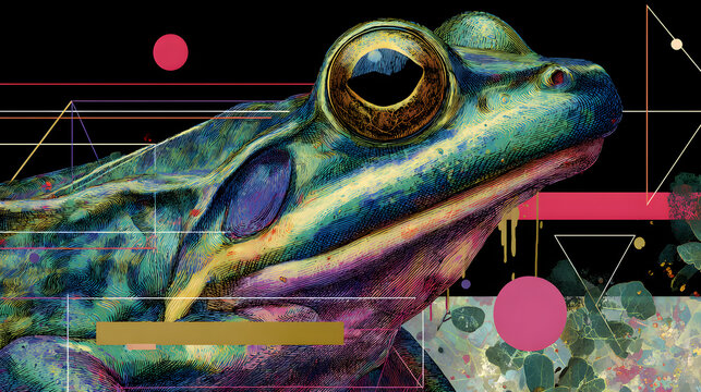 Side profile of a psychedelic frog with geometric lines and paint drips, isolated on transparent background
