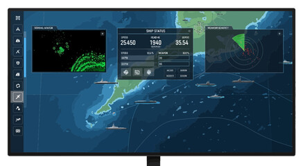 Digital display of real-time maritime strategy simulation with ship status weapon management and sonar detection interfaces on a sea map © Undangan