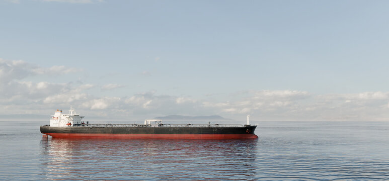 Oil tanker on calm sea, wide view of global energy and shipping industry