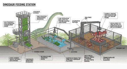 Dinosaur feeding station illustration: long neck sauropods meat eating theropods safety enclosure herbivore station moat educational diagram © Undangan