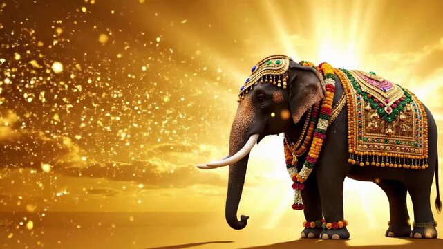 Cinematic shot of a decorated elephant parading at thrissur pooram festival in golden light.