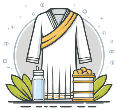 Islamic pilgrimage essentials with Ihram clothing Zamzam water and dates vector illustration
